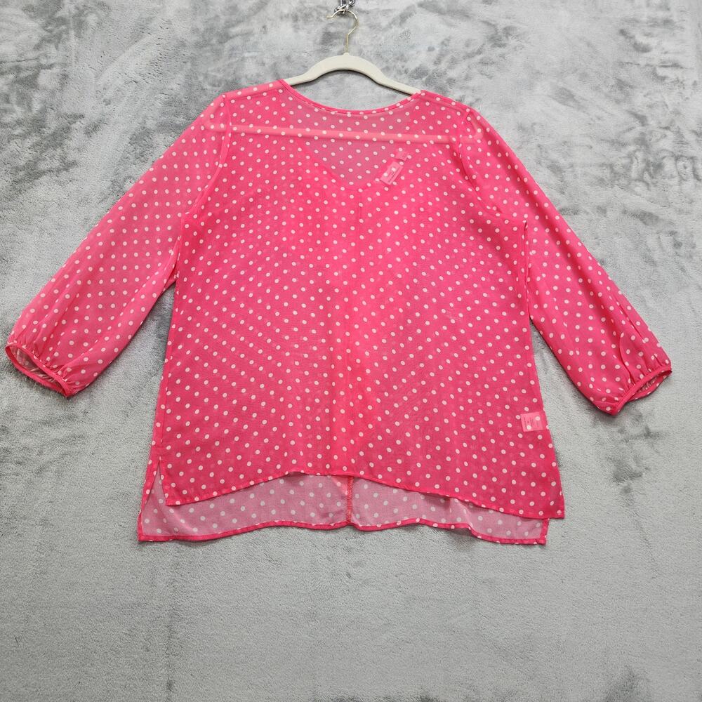 Sweet Pea New York & Company Top Womans M Pink White Sheer Polka Dot Bow Ruffle